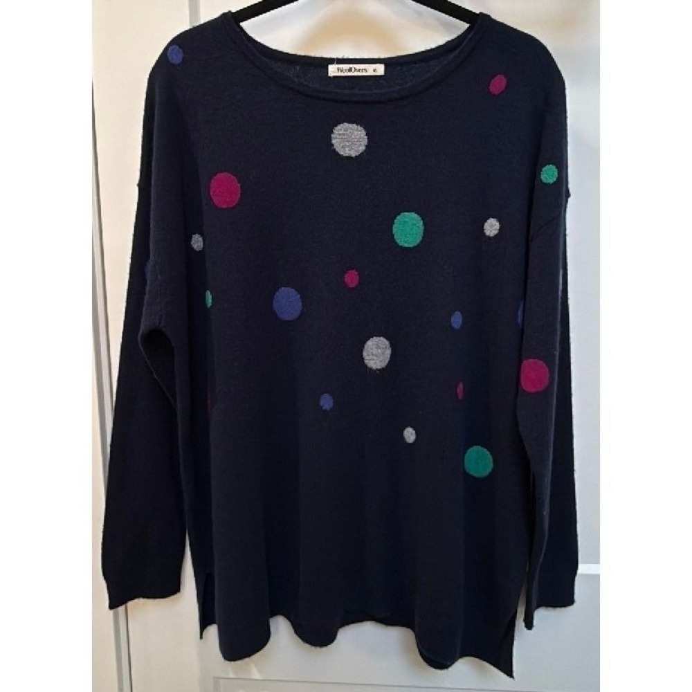 WoolOvers Merino Wool Cashmere Polka Dot Sweater XL Navy Colorful Knit Soft Cozy